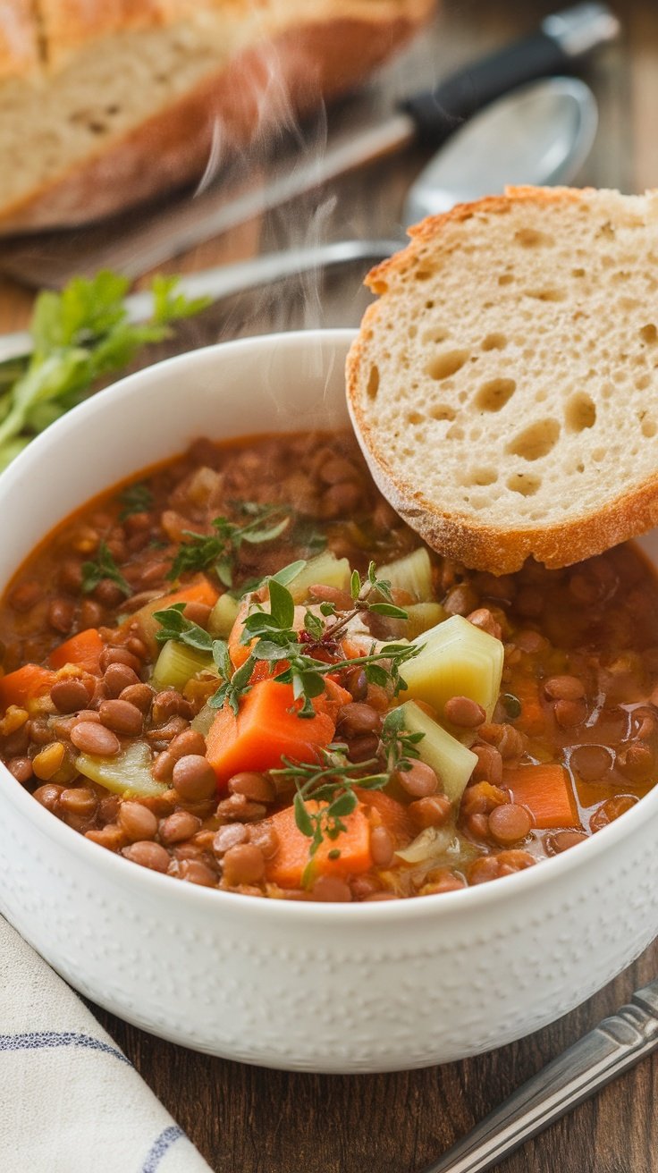 A bowl of vegetable lentil soup with a slice of bread on the side.