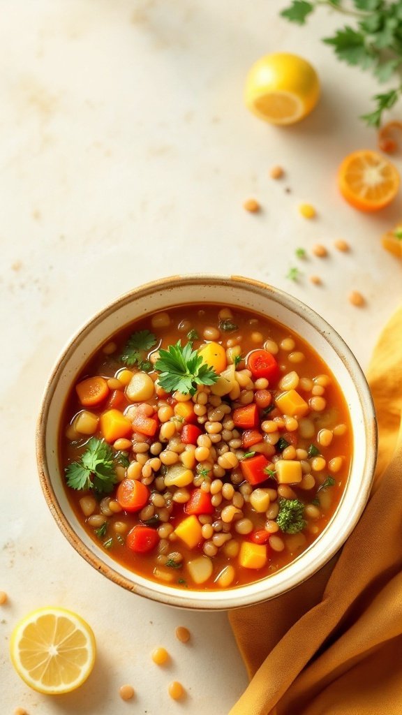 A bowl of vegetable lentil soup with colorful veggies and herbs.