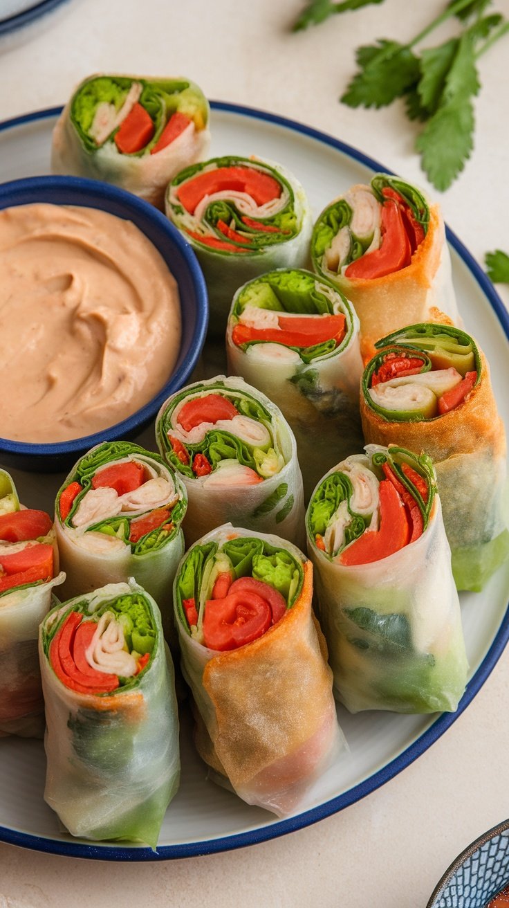 Fresh vegetable spring rolls served with peanut sauce, featuring colorful fillings like lettuce, carrots, and bell peppers.