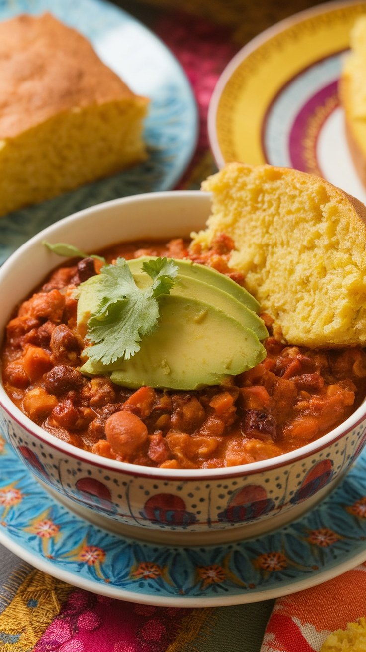 A bowl of vegetarian chili topped with avocado slices and fresh cilantro, served with cornbread on the side.