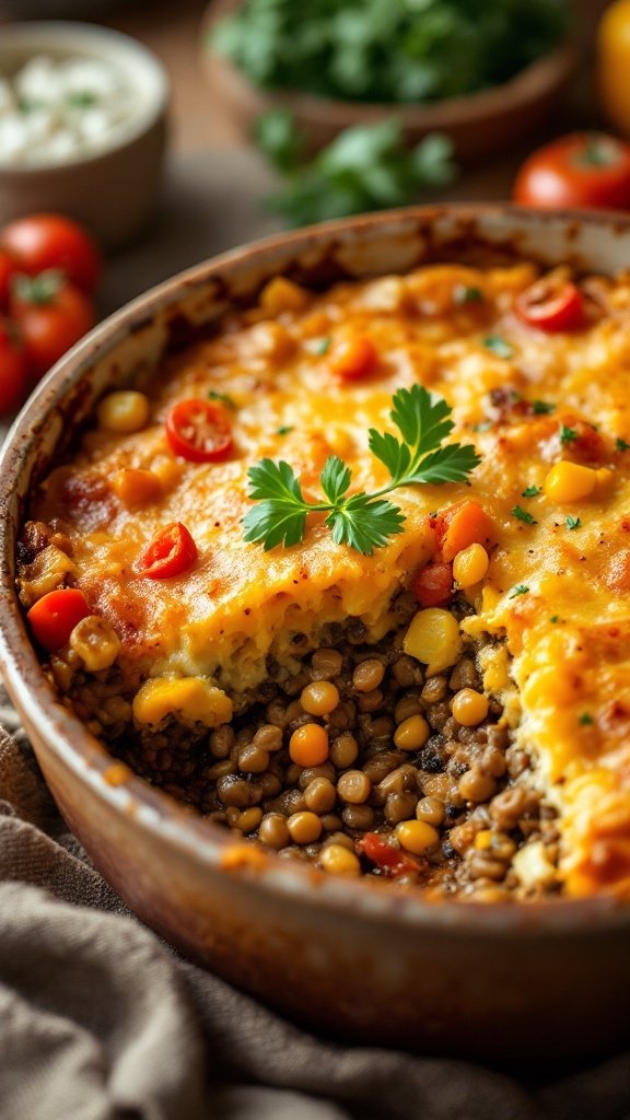 Vegetarian lentil casserole topped with cheese and garnished with fresh herbs.