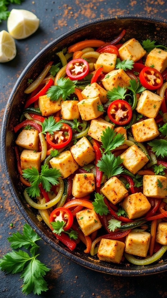A vibrant vegetarian stir-fry featuring tofu and colorful vegetables.