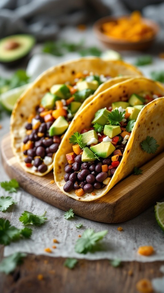 Vegetarian tacos filled with black beans, topped with avocado and colorful veggies on a wooden board.