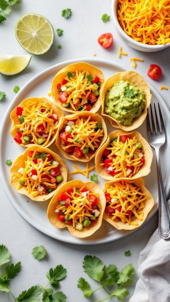Veggie-packed taco cups filled with fresh vegetables and toppings.
