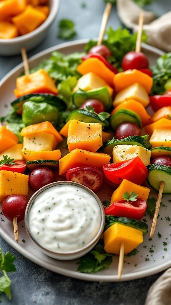 Colorful veggie and cheese skewers arranged on a plate with a dip on the side.