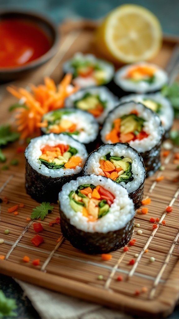 Colorful veggie sushi rolls with fresh vegetables