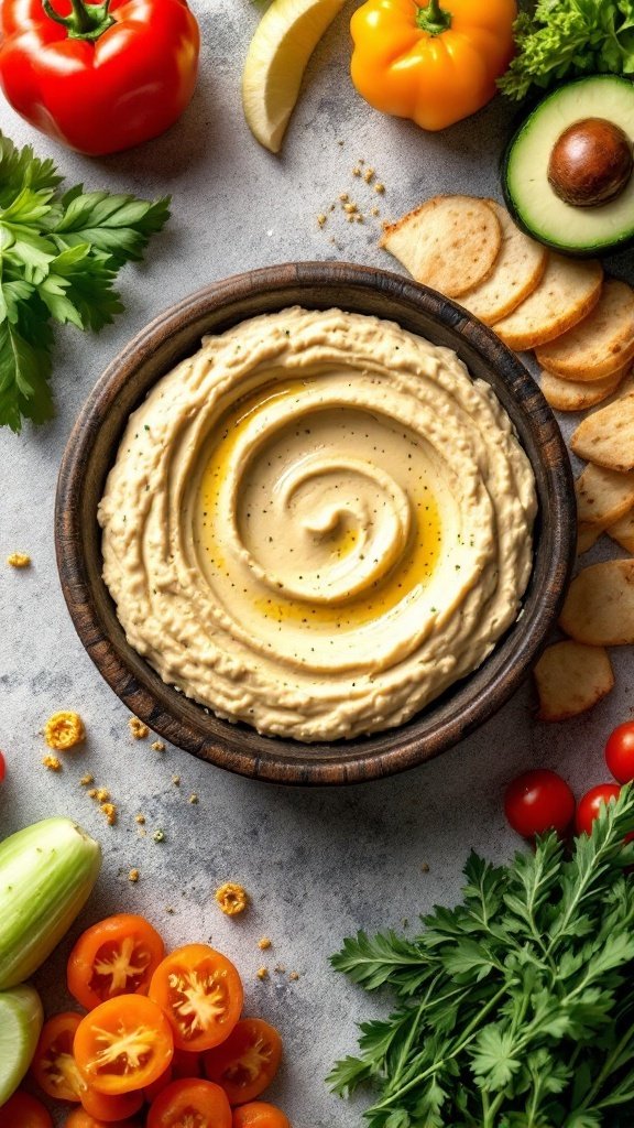 A bowl of hummus surrounded by fresh vegetables for dipping.