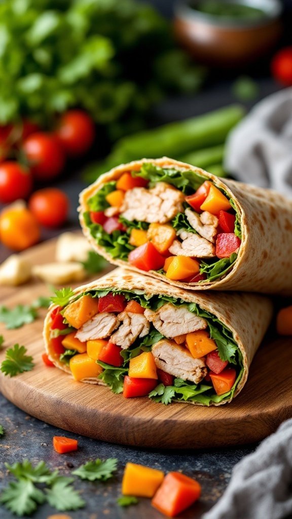Healthy whole grain turkey wraps filled with colorful veggies.