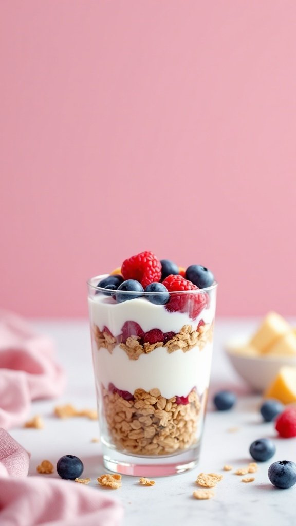 Yogurt parfait layered with granola and berries in a glass