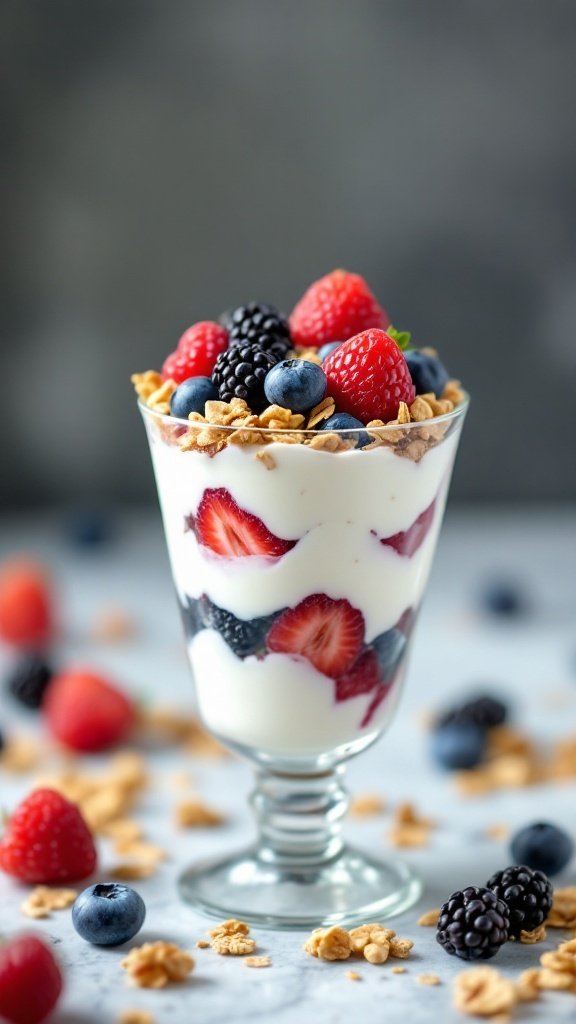 A delicious yogurt parfait layered with berries and granola in a clear glass.