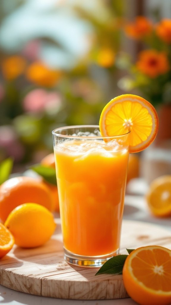 A refreshing orange smoothie in a glass with citrus fruits around