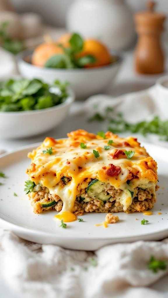 A slice of zucchini and ground turkey casserole topped with melted cheese and garnished with herbs.