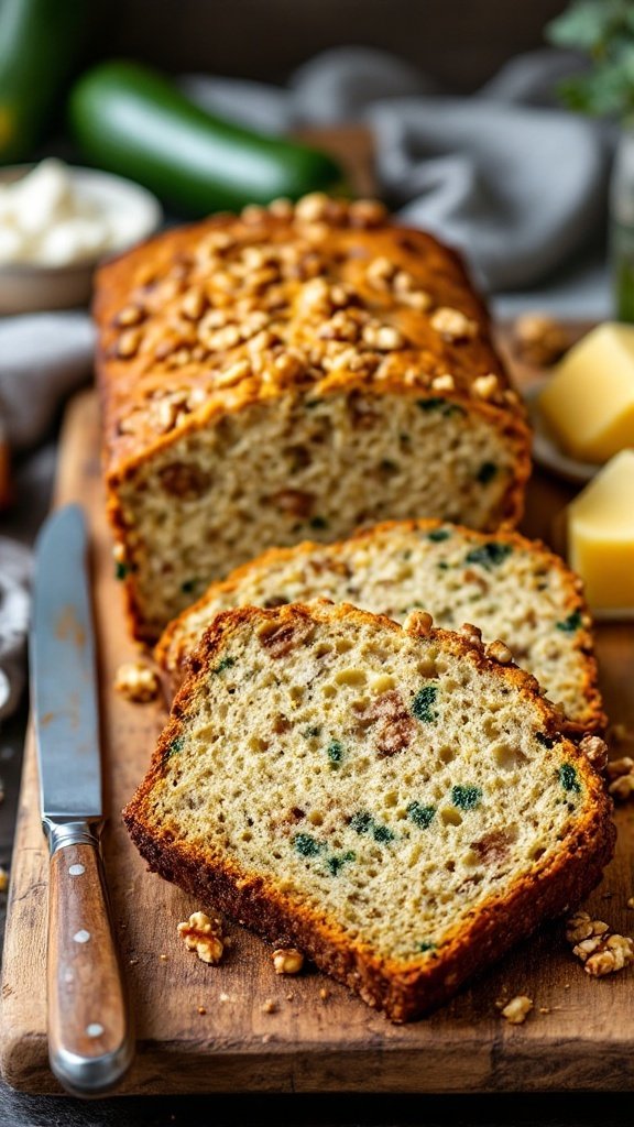A loaf of zucchini bread with walnuts, sliced and displayed on a wooden board.