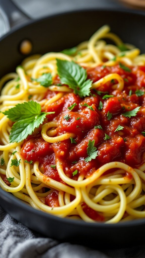 Zucchini noodles topped with marinara sauce and fresh herbs.