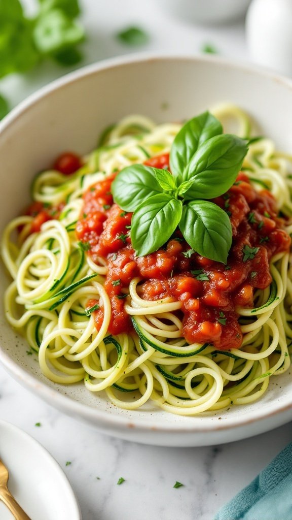 A bowl of zucchini noodles topped with marinara sauce and fresh basil.