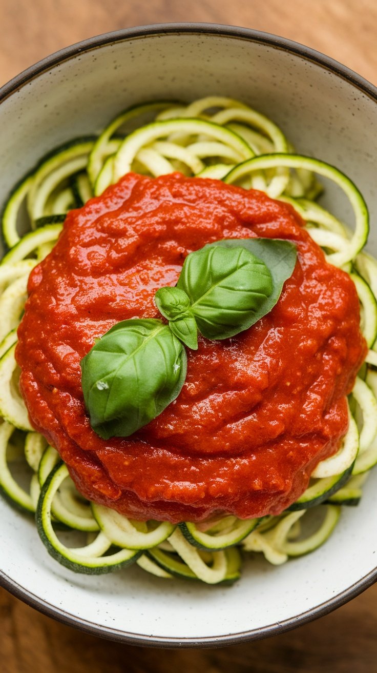 Zucchini noodles topped with marinara sauce and fresh basil