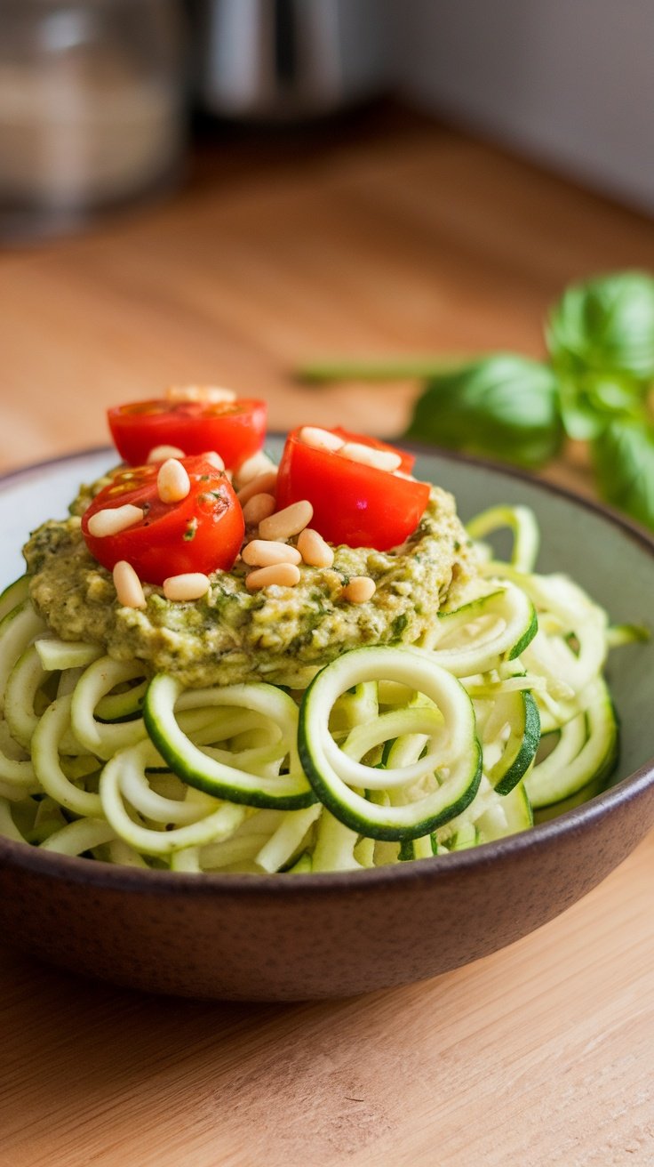 A bowl of zucchini noodles topped with pesto, cherry tomatoes, and pine nuts.