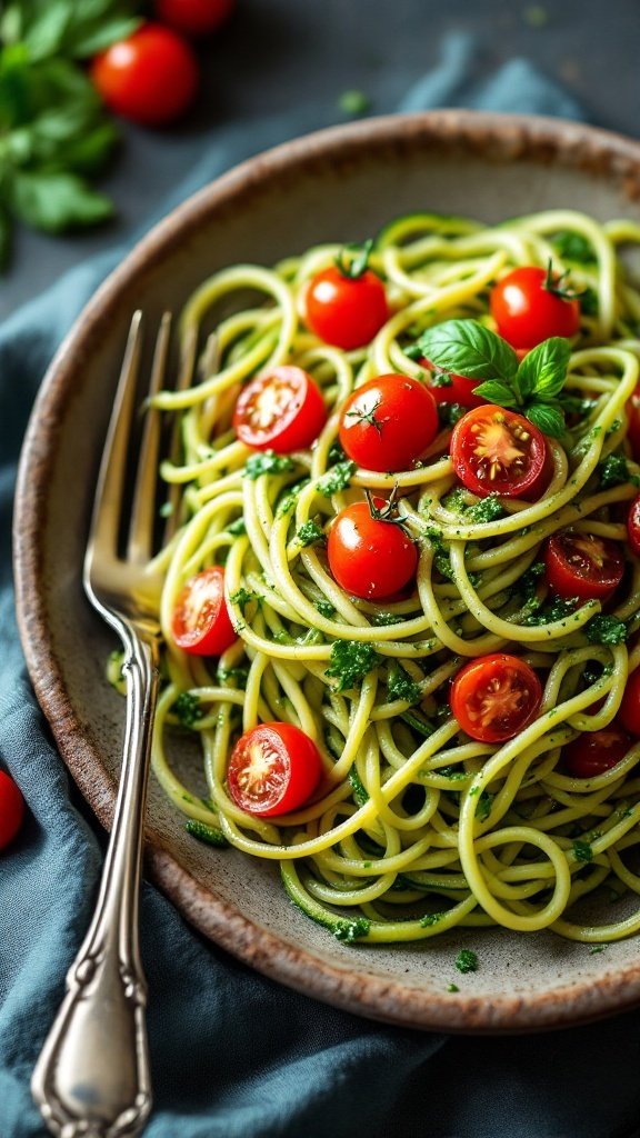 A plate of zucchini noodles topped with pesto and cherry tomatoes.