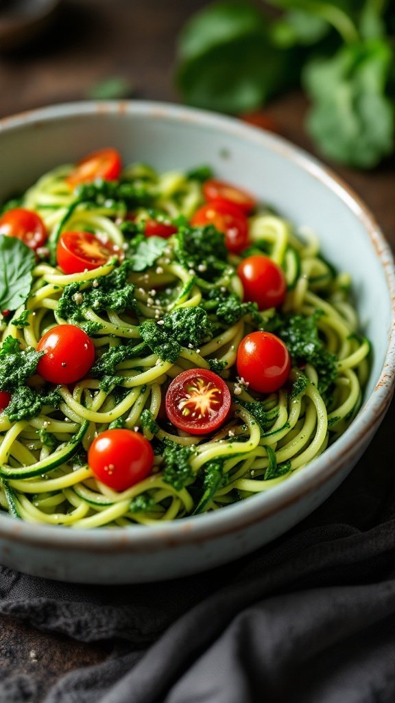 A bowl of zucchini noodles topped with pesto and cherry tomatoes.