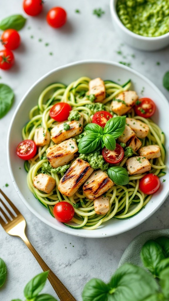 A bowl of zucchini noodles topped with grilled chicken, cherry tomatoes, and pesto sauce.