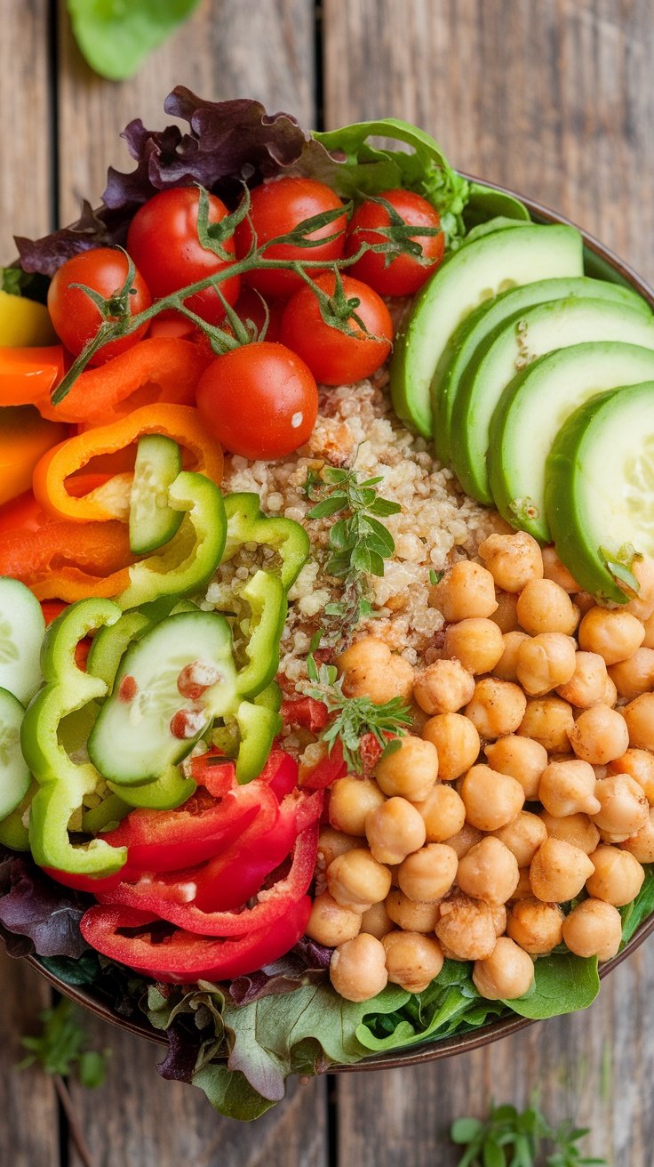 A colorful vegan power bowl with quinoa, greens, vegetables, and chickpeas, garnished with herbs.