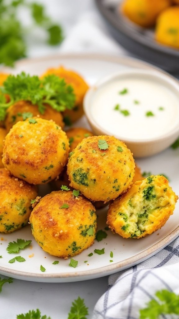 Plate of cheesy broccoli balls with a dip
