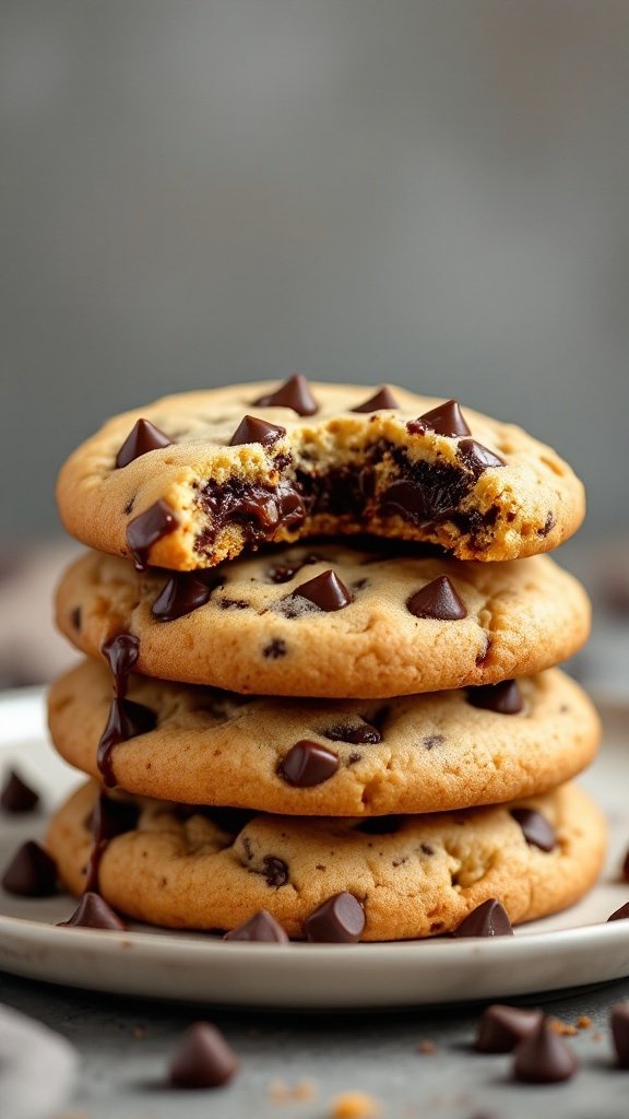Delicious air fryer chocolate chip cookies stacked with melted chocolate