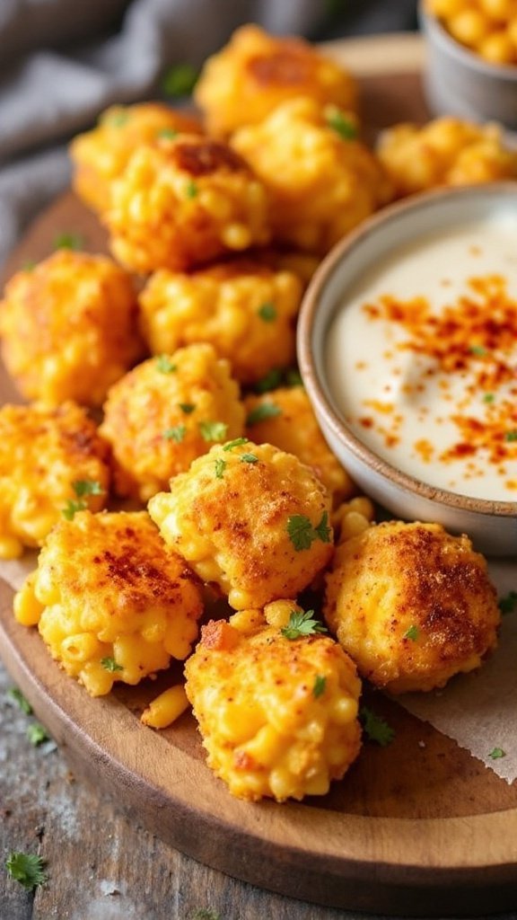 A plate of crispy mac and cheese bites with a creamy dip
