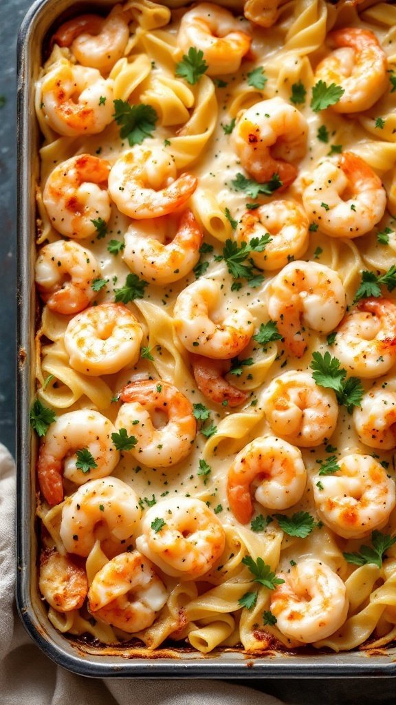 A creamy pasta bake with shrimp, fettuccine, and cheese.