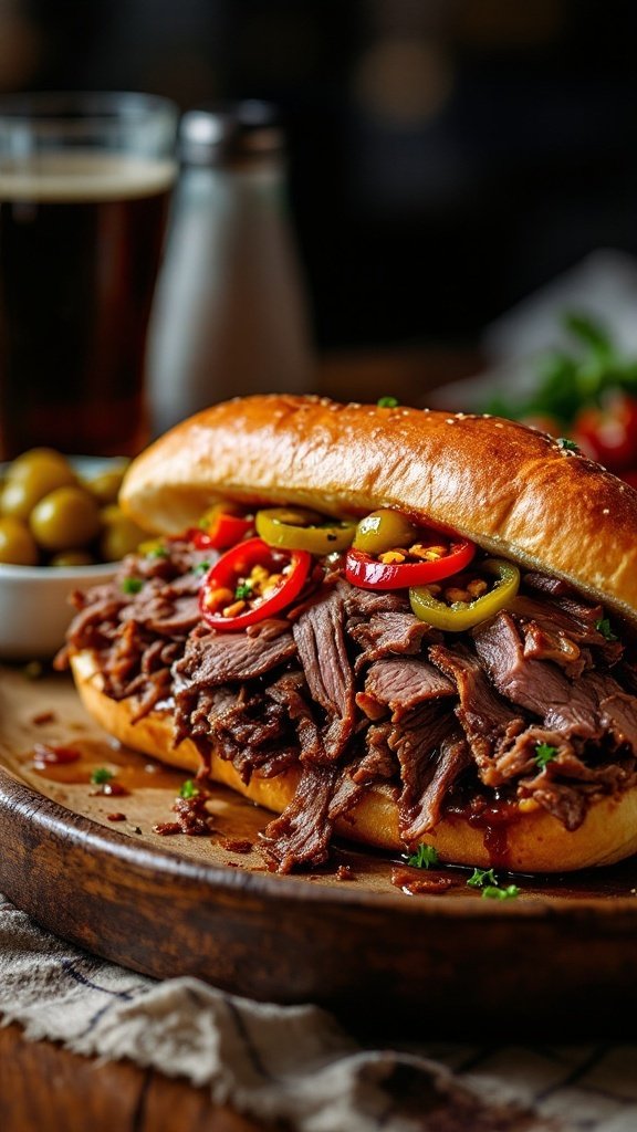 A delicious plate featuring an Italian beef sandwich with peppers