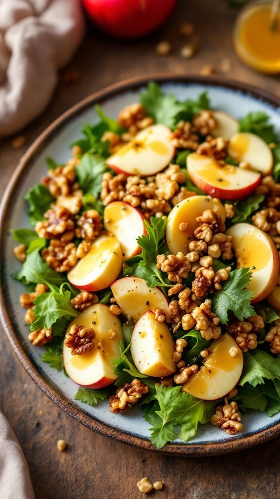 A vibrant autumn salad featuring apples, walnuts, and mixed greens.