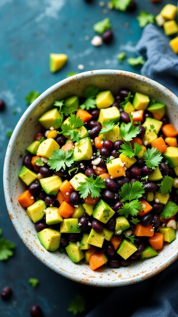 A bowl of colorful avocado and black bean salad with fresh vegetables.