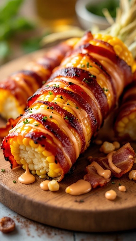 Delicious bacon-wrapped street corn topped with creamy sauce and garnished with herbs.