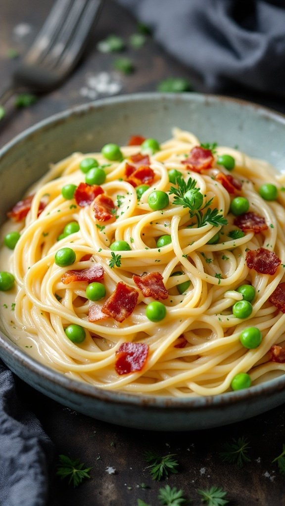 A bowl of creamy Bacon and Pea Carbonara pasta topped with crispy bacon and green peas.