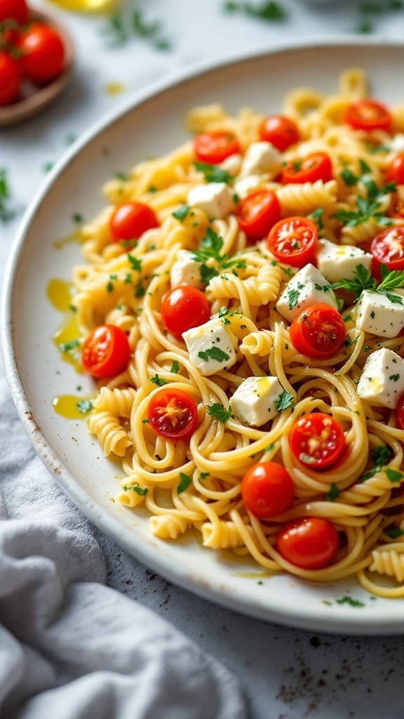 A plate of baked feta pasta topped with cherry tomatoes and fresh herbs.