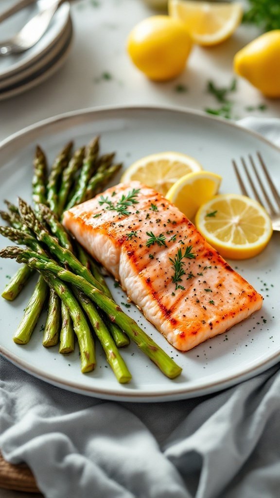 Baked salmon fillet with asparagus and lemon slices