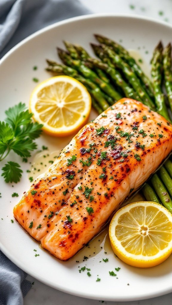Baked salmon fillet served with asparagus and lemon slices