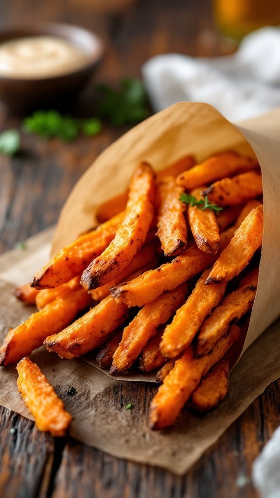 A bunch of crispy baked sweet potato fries served in a paper holder