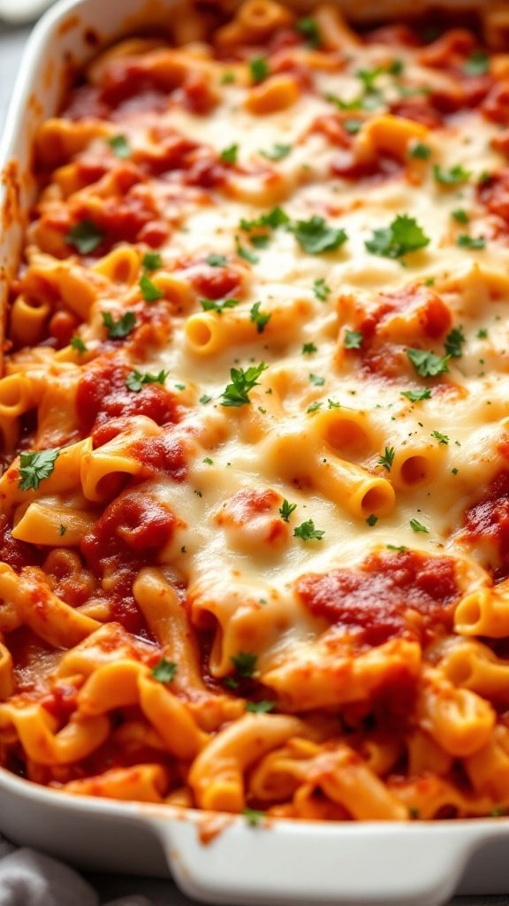 A delicious baked ziti dish with cheese and tomato sauce topped with parsley