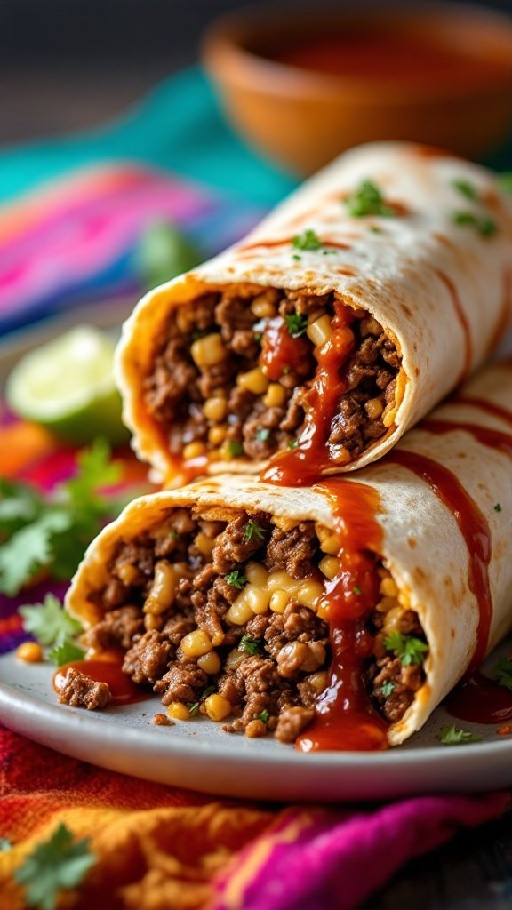 Barbacoa beef burritos with chipotle sauce on a colorful plate.