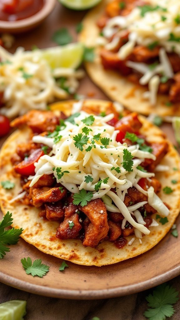 BBQ Chicken Tostadas topped with coleslaw and garnished with cilantro