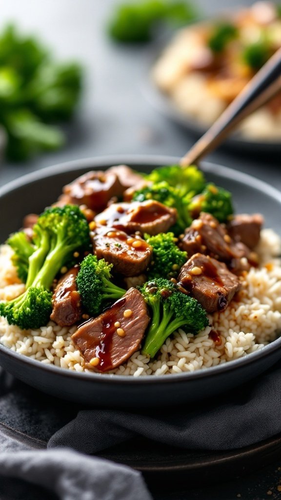 A delicious Beef and Broccoli Rice Bowl with tender beef and steamed broccoli over rice.