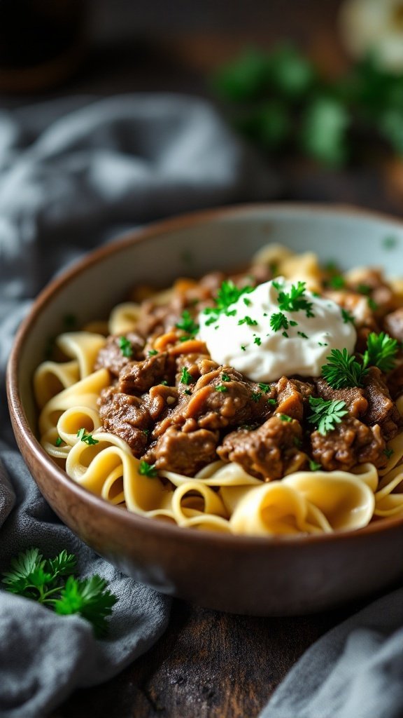 A comforting bowl of Beef Stroganoff Stew served over egg noodles, topped with sour cream and parsley.