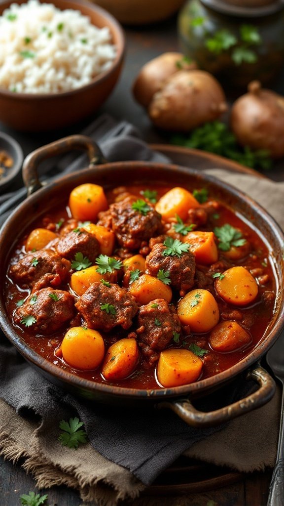 A bowl of Beef Vindaloo with Potatoes garnished with cilantro