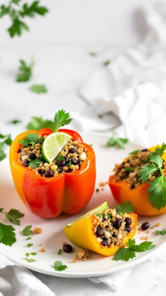 Colorful stuffed bell peppers with quinoa and black beans.