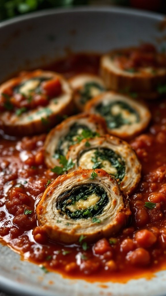 A plate of braciole stuffed with garlic and parsley in marinara sauce.