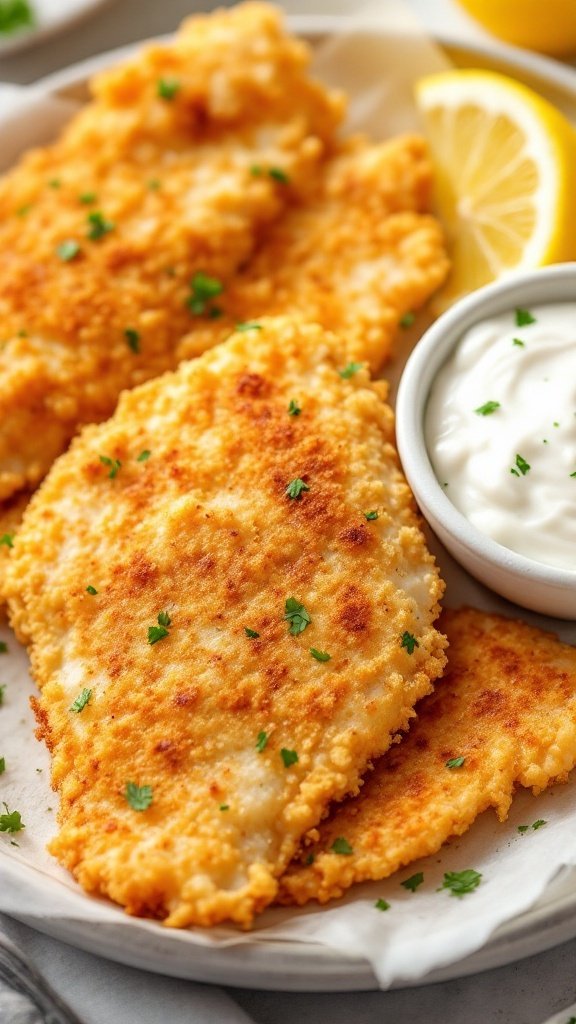 Breaded tilapia fillets served with tartar sauce and lemon