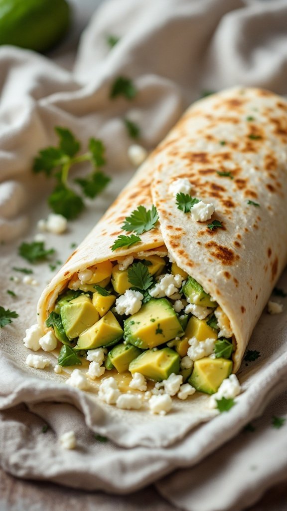 A breakfast burrito filled with avocado, feta cheese, and cilantro