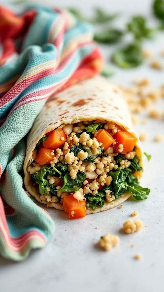 A breakfast burrito filled with quinoa and spinach, wrapped in a tortilla.