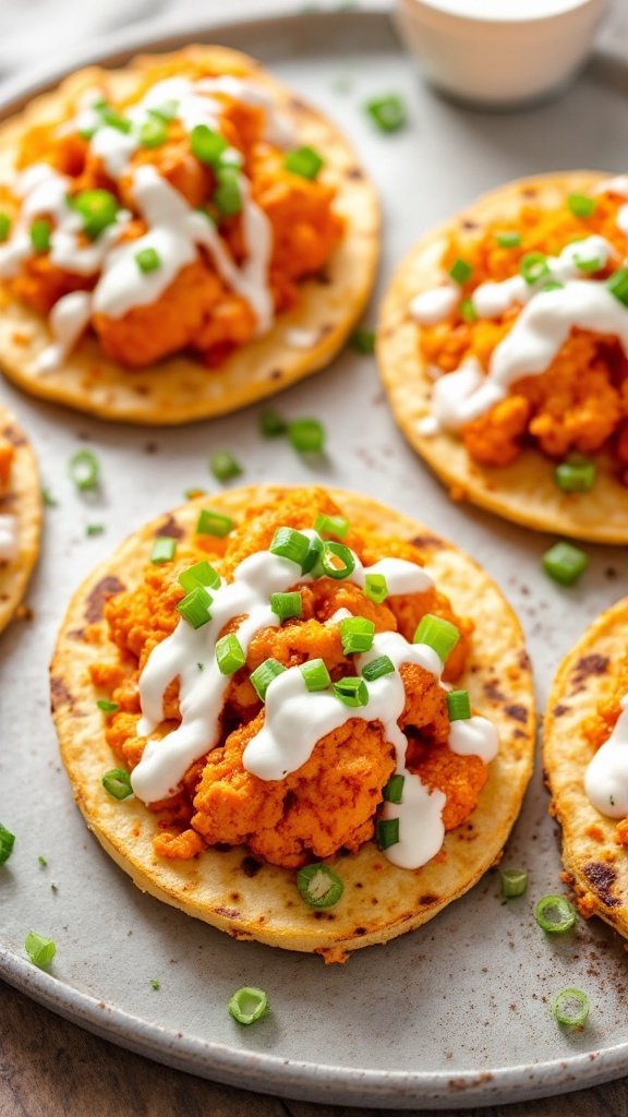 Buffalo Cauliflower Tostadas topped with ranch dressing and green onions